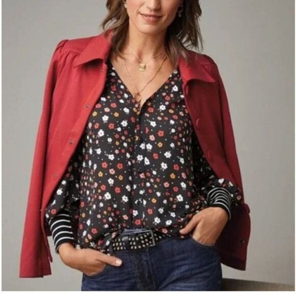 CAbi Style 3957 Black Top with Vibrant Floral Pattern
